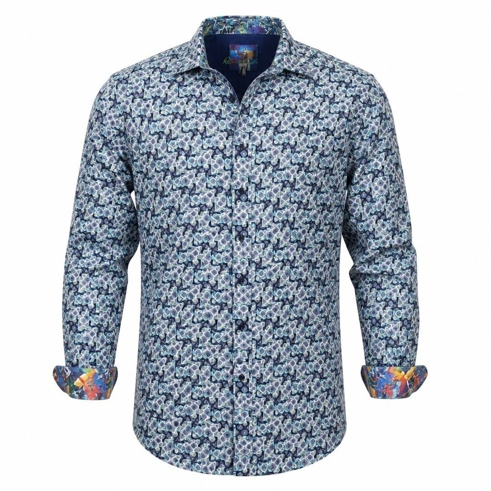 Robert Graham Shirt Mens 4XL Blue Geometric Tile Print Long Sleeve Button Down